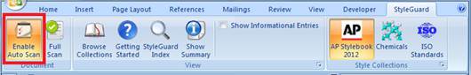StyleGuard ribbon with enable Auto-Scan active