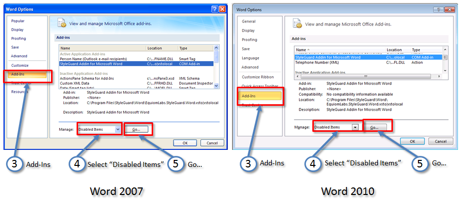 Manage Add-Ins panel and selection options